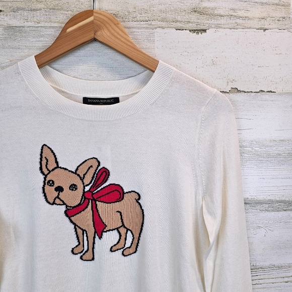 NWT Banana Republic Frenchie Intarsia Sweater Sz XS Cream Lightweight Puppy Dog - Picture 10 of 15